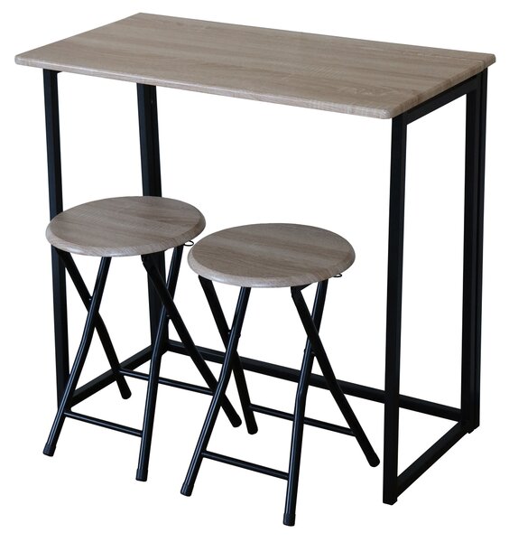 Set Tavolo e 2 Sgabelli Pieghevoli in Acciaio e MDF Nero e Marrone