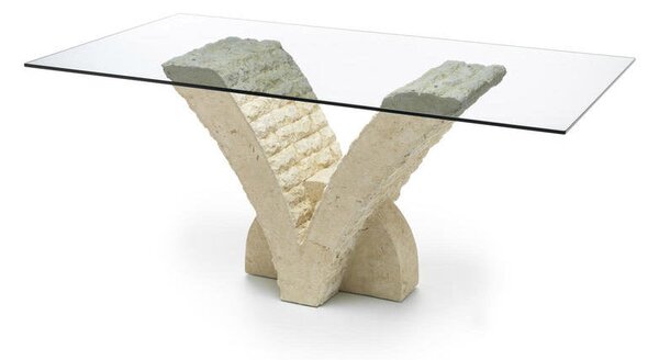 Tavolo Fisso 180x100x76 cm in Pietra con Top in Vetro Trasparente