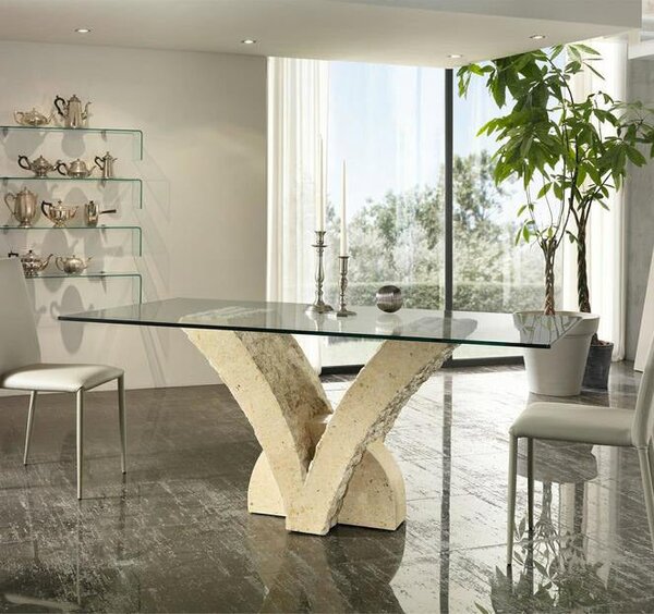 Tavolo Fisso 180x100x76 cm in Pietra con Top in Vetro Trasparente