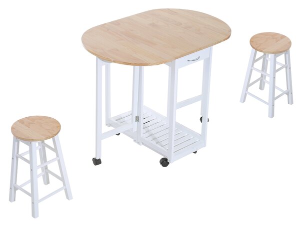 Set Tavolo Pieghevole e 2 Sgabelli Salvaspazio in Legno di Pino e MDF Bianco