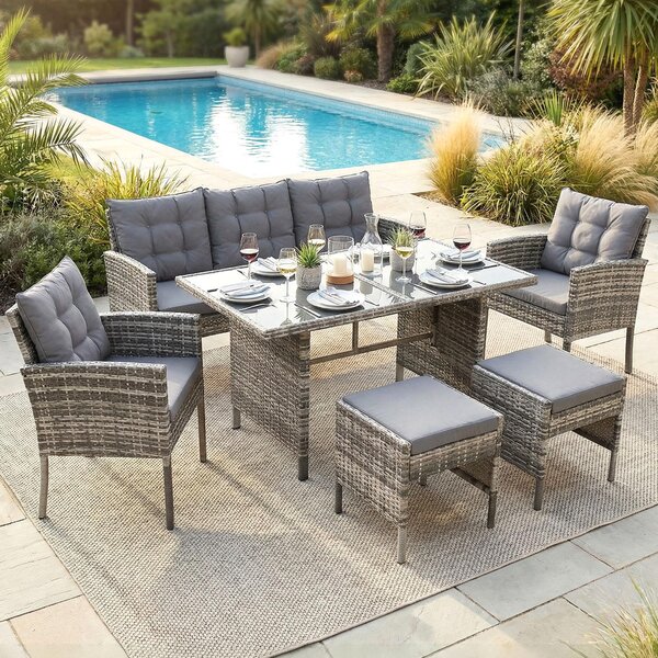 Set di mobili da giardino in polyrattan Tavolo da pranzo Lounge Set di sedute Set da giardino 1x tavolo + 2x sedie + 1x panca + 2x sgabelli - grigio