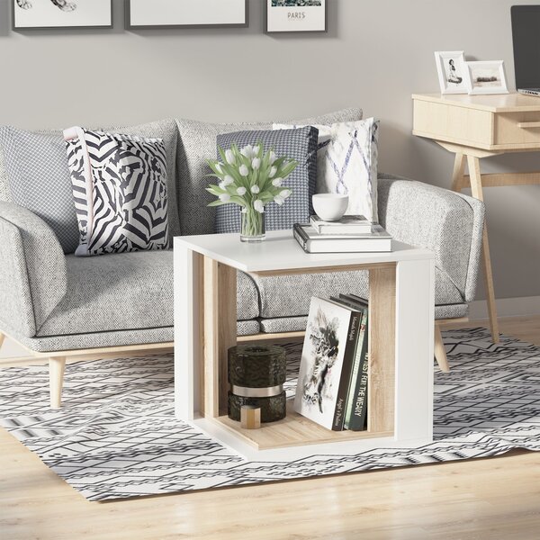 Set di 2 Tavolini Componibile Bianco e Rovere 50x50x48 cm/40x40x44 cm