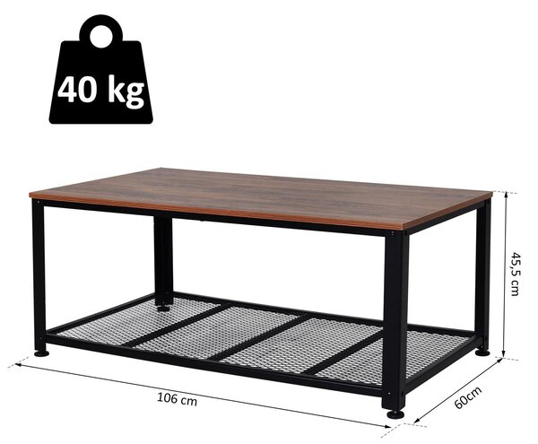 Tavolino da Soggiorno 2 Ripiani 106x60x45,5 cm in Legno e Acciaio Nero