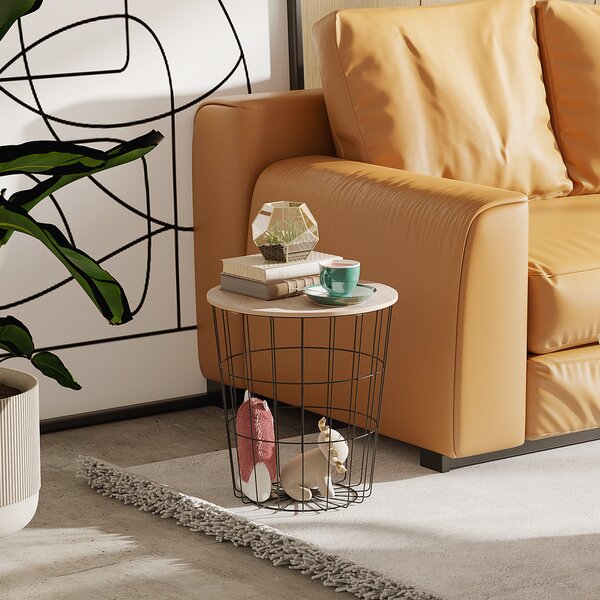 Tavolino da Soggiorno Contenitore in Metallo Ø39,5x43 cm Nero e Legno