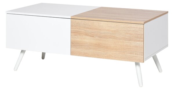 Tavolino Basso con 2 Cassetti 110x60x45 cm in MDF e Metallo Bianco e Rovere