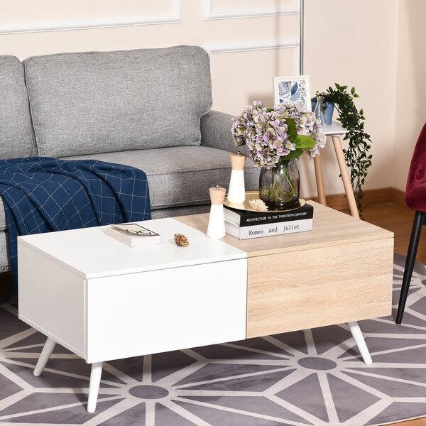 Tavolino Basso con 2 Cassetti 110x60x45 cm in MDF e Metallo Bianco e Rovere