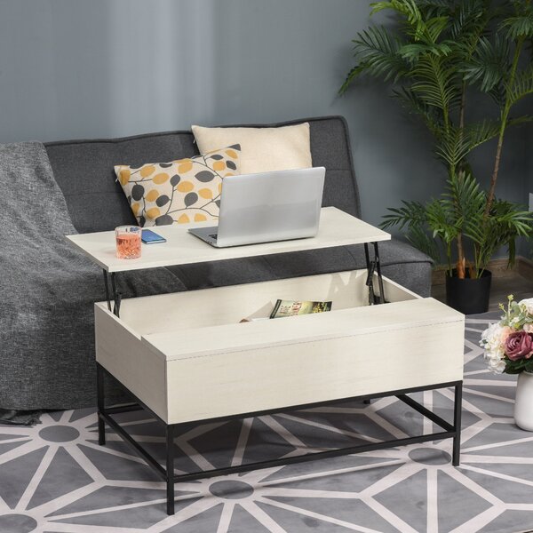 Tavolino Basso con Piano Sollevabile 90x60,5x45,5 in Metallo e MDF Legno Chiaro