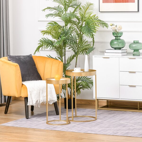 Set 2 Tavolini Impilabili con Bordo Alto in Metallo e MDF Oro
