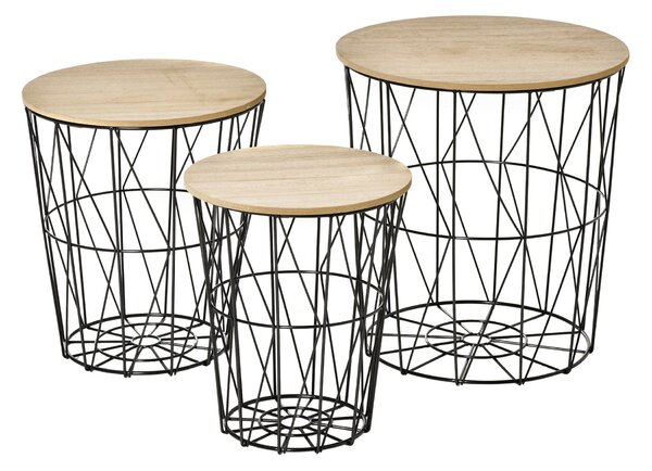 Set 3 Tavolini Ripiano Rimovibile in Acciaio e MDF Legno