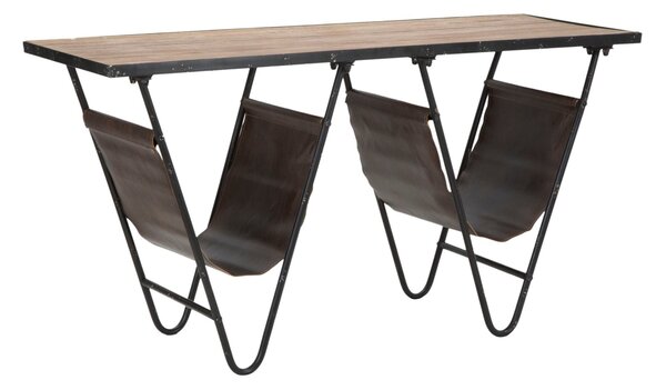 Tavolinetto Porta Giornali "V" 120x43x62,5 cm in Ferro e Legno di Abete e PU Nero e Marrone