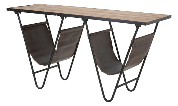 Tavolinetto Porta Giornali "V" 120x43x62,5 cm in Ferro e Legno di Abete e PU Nero e Marrone