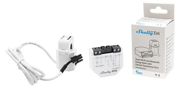 Shelly EM Gen3 Misuratore consumo elettrico Smart 1 canale + 1 Pinza amperometrica 50A monitoraggio monofase WiFi Bluetooth