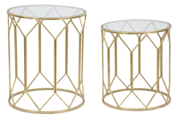 Tavolinetti da Caffé Oro Coppia Ø50x60-45x50 cm in Ferro e Vetro Oro