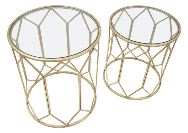 Tavolinetti da Caffé Oro Coppia Ø50x60-45x50 cm in Ferro e Vetro Oro