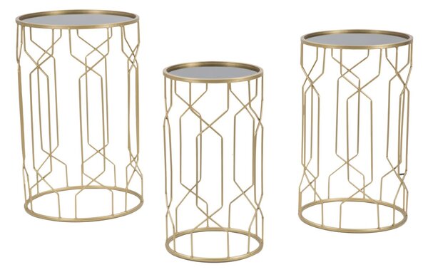 Tavolinetti Glam Lignes Tris Ø40x63-35x57,5-30x53,5 cm in Ferro e Vetro Oro