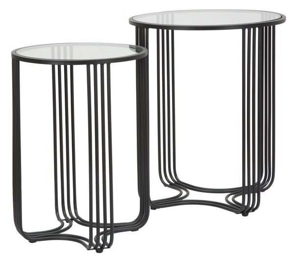 Tavolinetti Dublino Coppia Ø50,5x61,5 - 40,5x57 cm in Ferro e Vetro Nero