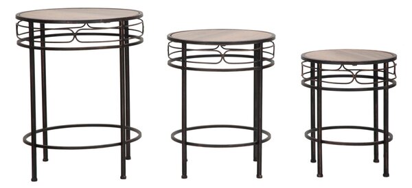 Tavolinetti Essential Tris Ø46x58-40x50-34x44 cm in Ferro e MDF Nero e Marrone