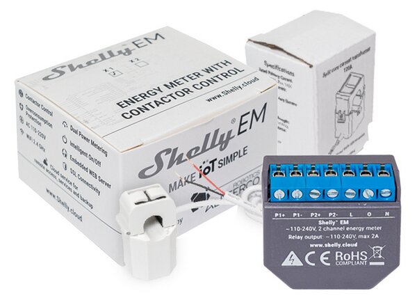 Shelly EM Misuratore consumo elettrico Smart 1 canale + 1 Pinza amperometrica 50A monitoraggio monofase WiFi