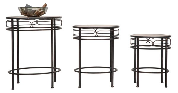 Tavolinetti Essential Tris Ø46x58-40x50-34x44 cm in Ferro e MDF Nero e Marrone