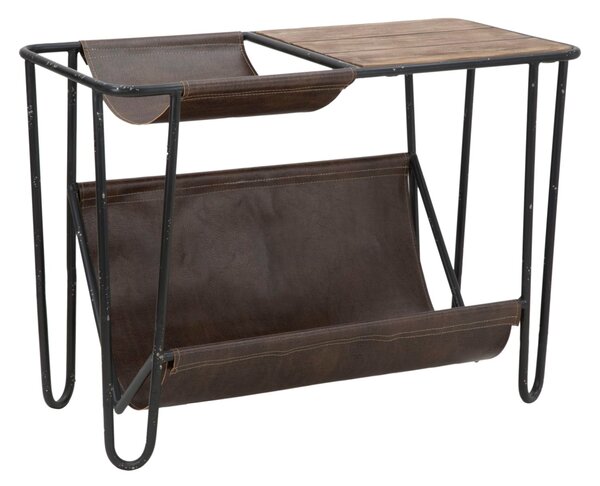 Tavolinetto Porta Giornali Simply 83,5x42x61 cm in Ferro e Legno di Abete e PU Nero e Marrone