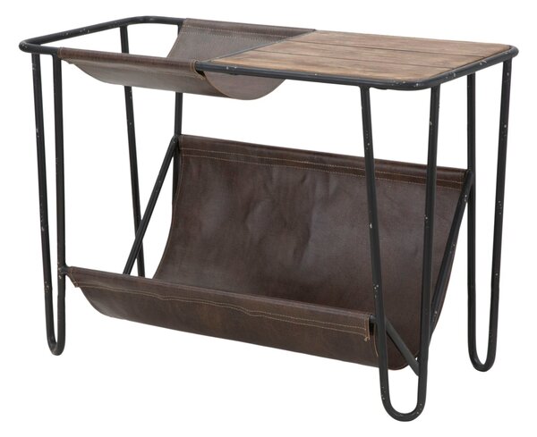 Tavolinetto Porta Giornali Simply 83,5x42x61 cm in Ferro e Legno di Abete e PU Nero e Marrone