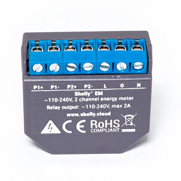 Shelly EM Misuratore consumo elettrico Smart 1 canale + 1 Pinza amperometrica 50A monitoraggio monofase WiFi