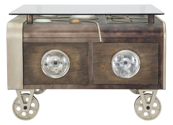 Tavolo da Caffé Old Style con Vetro 83x80x52,5 cm Legno di Abete e MDF e in Ferro Marrone