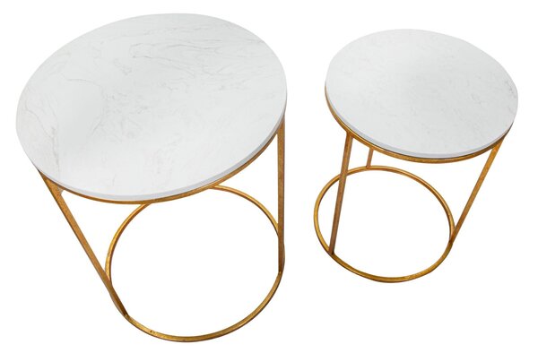 Tavolinetti Simply Marble Coppia Ø52x63-42x53 cm in Ferro e Marmo Oro e Bianco