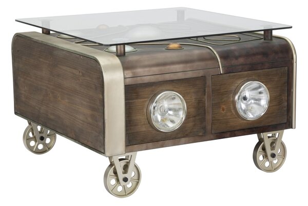 Tavolo da Caffé Old Style con Vetro 83x80x52,5 cm Legno di Abete e MDF e in Ferro Marrone