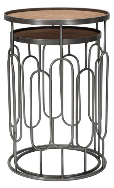 Tavolinetti New Mexico Coppia Ø40x60-35x53 cm in Ferro e MDF Marrone e Grigio