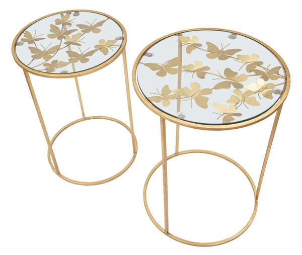 Tavolinetti Glam Butterfly Coppia Ø43x60-38x55 cm in Ferro e Vetro Oro