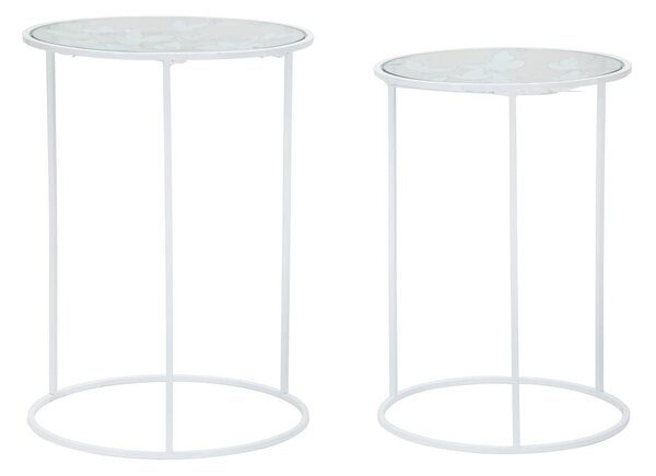Tavolinetti Bianco Heart Coppia Ø43x60-38x55 cm in Ferro e Vetro Bianco e Oro