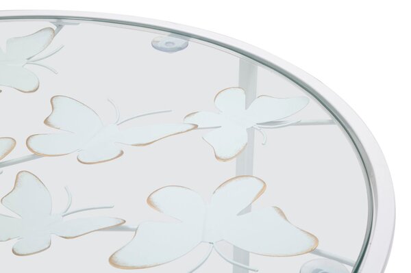 Tavolinetti Bianco Heart Coppia Ø43x60-38x55 cm in Ferro e Vetro Bianco e Oro