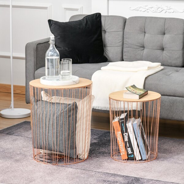 Set 2 Tavolini Contenitori Ripiano Rimovibile in Metallo e MDF Oro Rosa e Legno