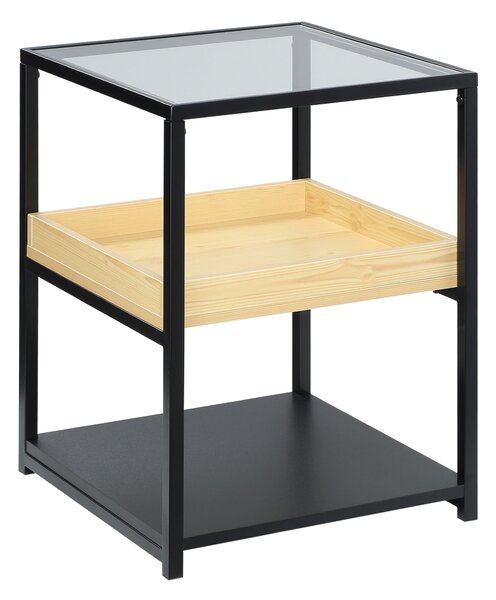 Tavolino da Caffè 3 Ripiani 40x40x55 cm in Acciaio Legno e Vetro Nero
