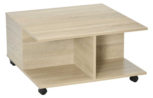 Tavolino da Caffè 2 Cassetto 2 Mensole 70x70x35 cm con Ruote in Legno