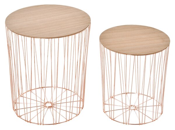 Set 2 Tavolini Contenitori Ripiano Rimovibile in Metallo e MDF Oro Rosa e Legno
