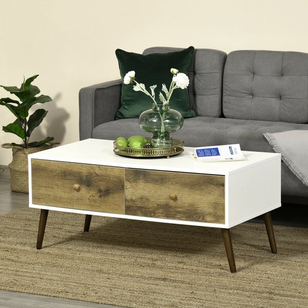 Tavolino Basso 4 Cassetti 100x53,5x45 cm in Truciolare e Legno di Faggio Bianco