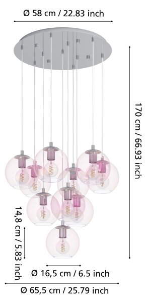 Eglo 901922 - Lampadario a sospensione con cavo ARISCANI 10xE27/60W/230V cromo lucido/trasparente