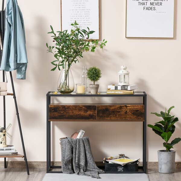 Consolle Fissa 100x35x76 cm in Metallo e Legno con Piano in Vetro