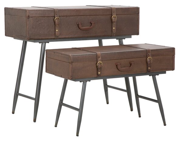 Console Travel Coppia con Contenitore 90x40x78,5-80x35x53,5 cm Legno e Ferro e PU Marrone