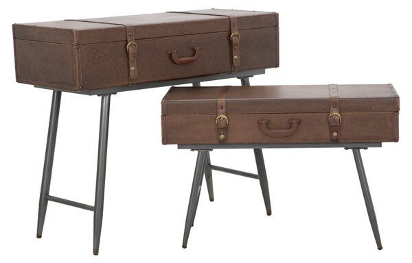 Console Travel Coppia con Contenitore 90x40x78,5-80x35x53,5 cm Legno e Ferro e PU Marrone