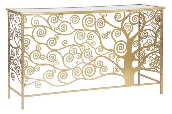 Console Albero della Vita 141,5x40,5x81,5 cm in Ferro MDF e Specchio Oro