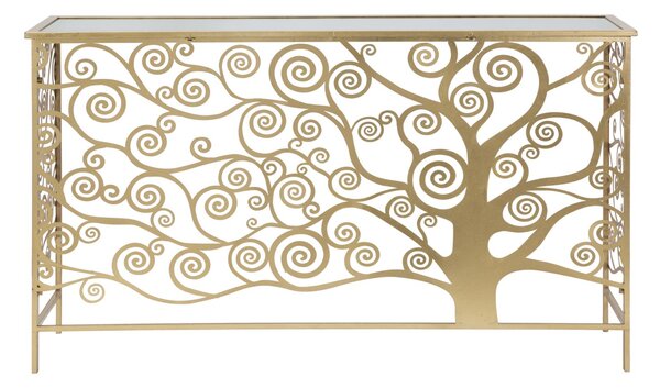 Console Albero della Vita 141,5x40,5x81,5 cm in Ferro MDF e Specchio Oro