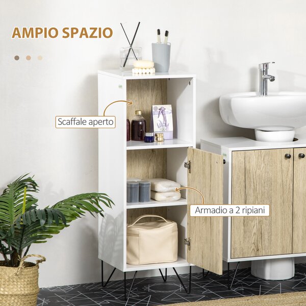 Kleankin Mobile Bagno con Ripiano Aperto e Armadietto con Anta in Legno, 31.5x30x91cm, Quercia e Bianco|Aosom