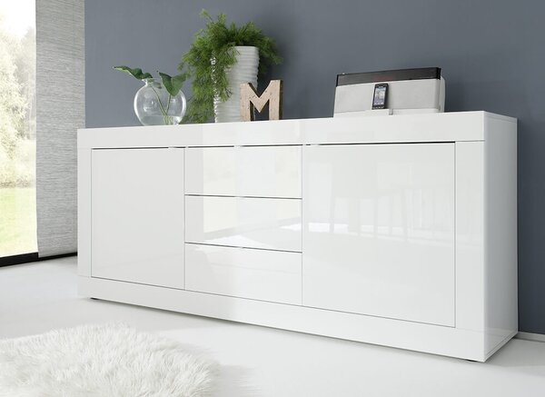 Credenza Mobile da Salotto 2 Porte 3 Cassetti 210x43x86cm TFT Basic Bianco Lucido