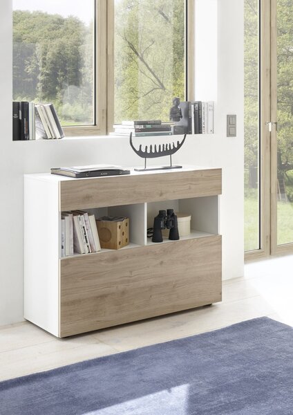 Credenza Mobile Soggiorno 1 Anta 2 Vani 111x42x82 cm TFT Akira Bianco e Naturale