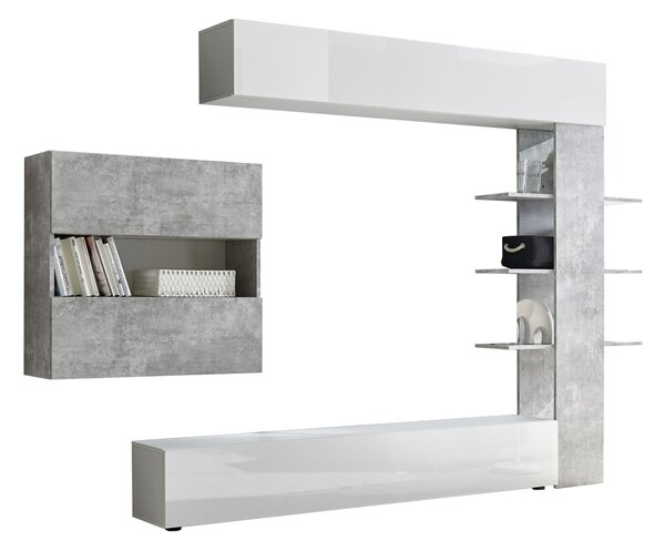 Parete Attrezzata Mobili Soggiorno Mobile TV Libreria 2 Pensili TFT Akira 1 Bianco e Cemento