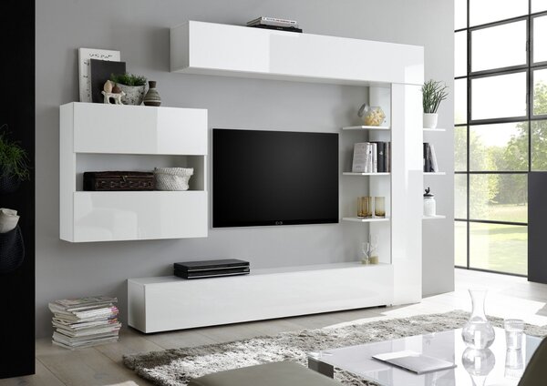 Parete Attrezzata Mobili Soggiorno Mobile TV Libreria 2 Pensili TFT Akira 1 Bianco Lucido