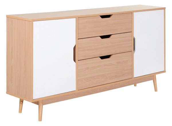 Madia 2 Ante 3 Cassetti Design Scandinavo in Legno Rovere 145x30x75 cm Bianca e Naturale